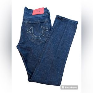 True Religion Manchester Dk Blue Mens Jeans with red label, Size 32, inseam 33”